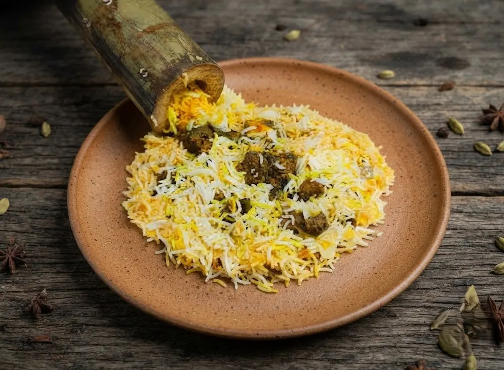Bamboo Biryani (Mulam Kutti) - smoky Kerala biryani cooked in bamboo at Kerala Restaurant Edmonton